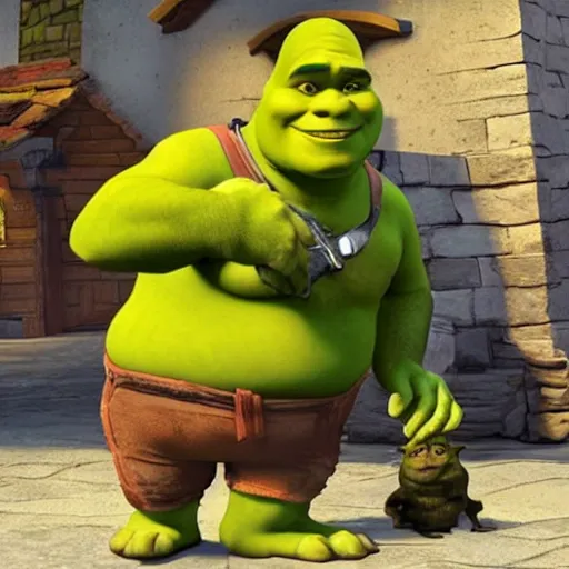 Prompt: Shrek armed with guns and explosives holding a civilian hostage