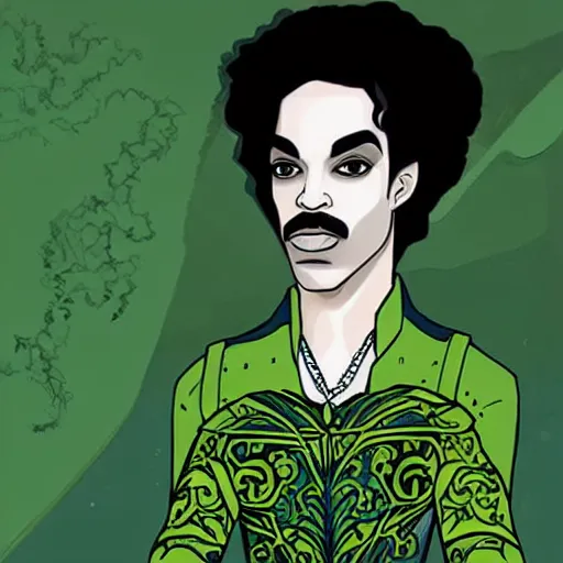 Image similar to an illustration of prince as the villain gemini. half his face is white with green hair.