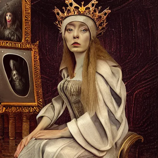 Prompt: Queen of Tartaria seated for a portrait on an ornate old world seat, dynamic lighting, intricate, elegant, highly detailed, digital painting, artstation, HR GIGER, Hieronymus Bosch, Francis Bacon, concept art, smooth, very beautiful, sharp focus, illustration, photorealism, deviantart, artstation, Oled 8k, tilt shift, haze, hazy, smoke, smoky, fire, embers, firelight, noisy, oversharpened, paint flecks, rusty chain fencing, ash, falling, skin, dark, too sharp, unclear, underexposed, unreal engine