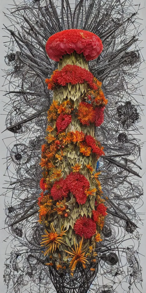 Prompt: colossal Beelzebub flower in the middle of post soviet constructivist cityscape, Stalinist architecture, brutalist architecture, ultradetailed, Intricate by James Jean and Giuseppe Arcimboldo