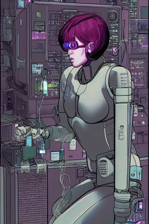 Image similar to cyberpunk illustration of female android motoko kusanagi seen from the side, seated in the lab, with wires and cables coming out of her head and back, by moebius, masamune shirow and katsuhiro otomo, colorful, detailed