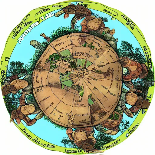 Image similar to a stack of turtles beneath a round disc map, map on top