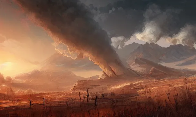 Image similar to post apocalyptic landscape, there is a nuclear explosion in the background, few sun rays, wallpaper, artstation, digital painting, hd, high detailed