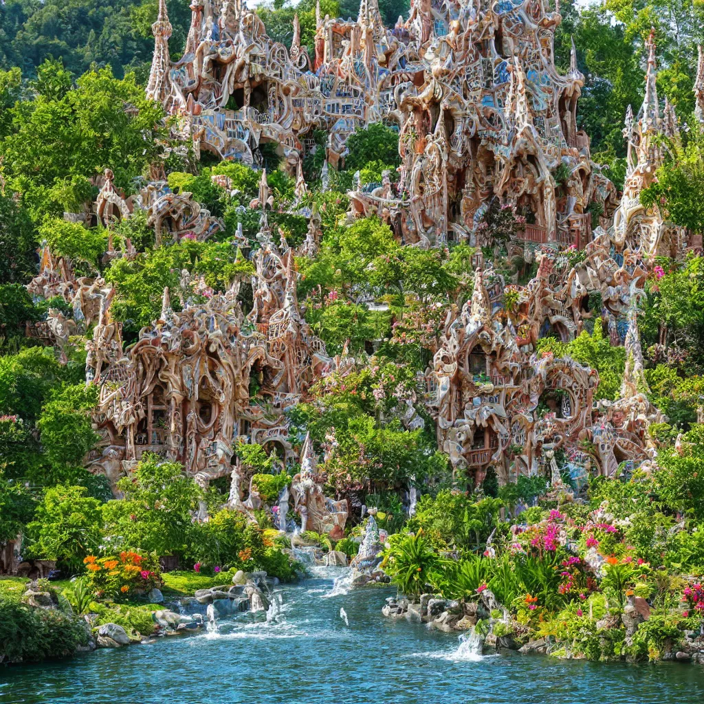 Prompt: valley village on the lake, waterfalls, flowers and intricate detailed visionary architecture and gardens by antoni gaudi, john stephens, alex gray