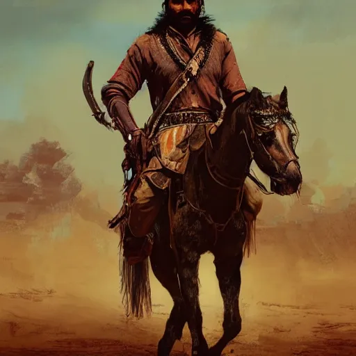 Prompt: portrait of an indian warrior, black paint on face, drawn by ruan jia, fantasy art, red dead redemption, django, town background, weird west, deadlands, dramatic lighting, digital art, 8 k, extremely detailed