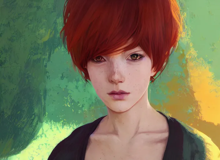 Prompt: portrait Anime Girl with orange hair and freckles, green eyes fine face pretty face, realistic shaded Perfect face, fine details. Anime. fine face, dark skin, realistic shaded, fine details. Anime, cyberpunk. realistic shaded lighting by Ilya Kuvshinov and Gustav Klimt