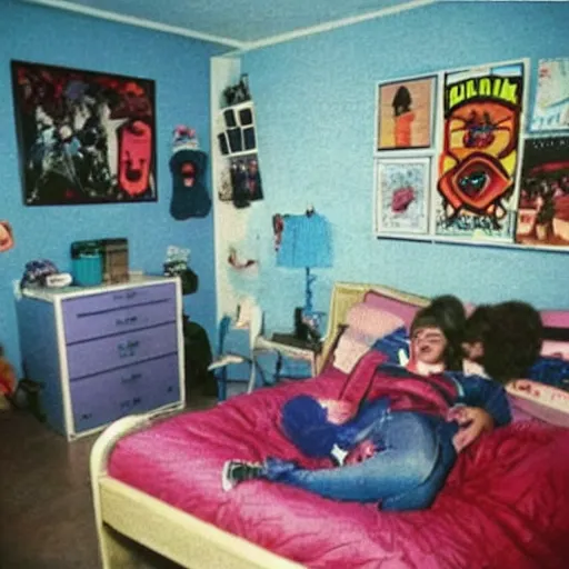 Prompt: photo of a teen's bedroom from 1985