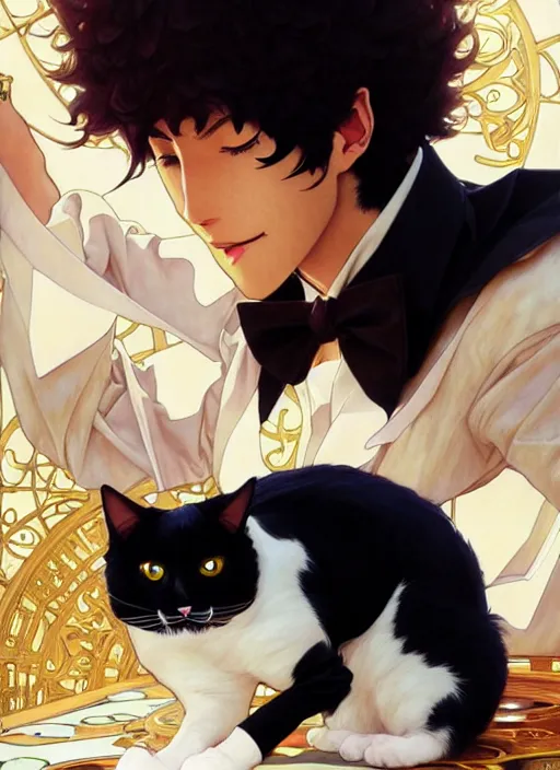 Image similar to ein from cowboy bebop playing with a tuxedo cat, intricate, elegant, hyper detailed, ultra definition, photoreal, artstation, unreal engine rendered, concept art, smooth, sharp focus, illustration, art by artgerm and greg rutkowski and alphonse mucha and garis edelweiss