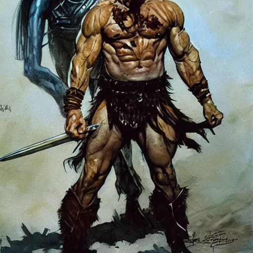 Prompt: full body portrait of walter white as conan the barbarian by frank frazetta