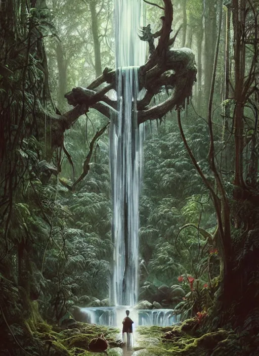 Image similar to a hyper realistic architectural witch shrine under a waterfall in the woods, gorgeous lighting, lush forest foliage, painting by chiara bautista and tom bagshaw, muca beksinski and norman rockwell and greg rutkowski weta studio, and lucasfilm