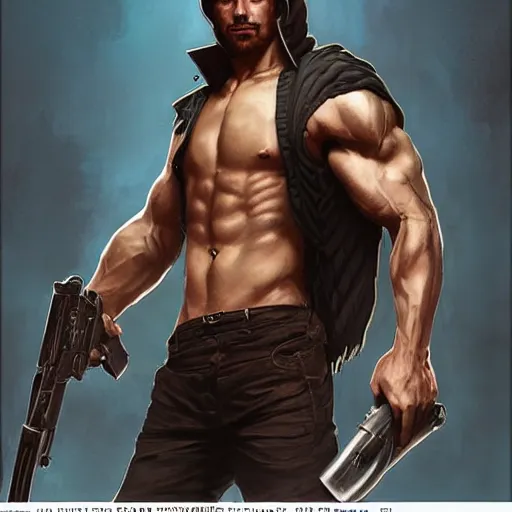 Prompt: a rugged edgy teen assassin, male, muscular, slim build, handsome, art by Artgerm and Greg Rutkowski and Alphonse Mucha, cycles render