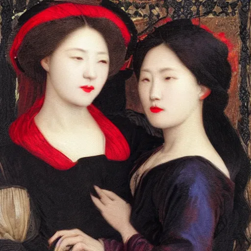 Image similar to Woman holding another woman, arm around her neck, she is Korean, the other black, both have red lips, wearing a veil, Pre-Raphaelite style