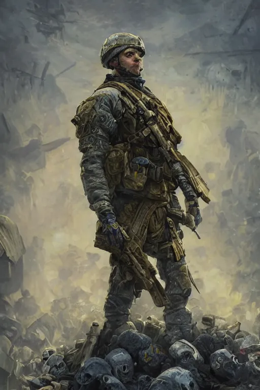 Image similar to a distant shot of a Ukrainian Call of Duty soldier with blue and yellow uniform standing alone on a pile of skulls as a winner, masculine figure, D&D, fantasy, intricate, elegant, highly detailed, extremely detailed, digital painting, artstation, concept art, matte, sharp focus, symmetrical, illustration, art by Artgerm and Greg Rutkowski and Alphonse Mucha