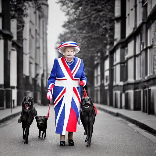 Prompt: photography portrait of queen elizabeth ii, queen of united kingdom, wearing a union jack dress and walking her dogs in the streets of london, photorealistic, canon r 3, photography, wide shot, symmetrical features, symmetrical pose, wide angle shot, head to toe, standing pose, feet on the ground