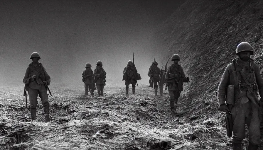 Prompt: ghosts of dead World War 1 soldiers patrolling abandoned trenches, cinematic lighting, IMAX cinematography, 35mm