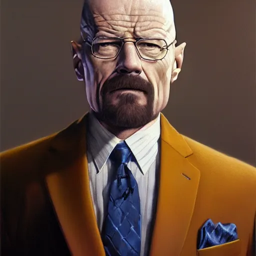 Image similar to walter white in a fancy suit, digital painting, artstation, concept art, donato giancola, Joseph Christian Leyendecker, WLOP, Boris Vallejo, Breathtaking, 8k resolution, extremely detailed, beautiful, establishing shot, artistic, hyperrealistic, beautiful face, octane render, cinematic lighting, dramatic lighting, masterpiece