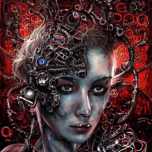 Image similar to cybernetic demon dreaming, lsd, circuitry, intricate detail, royo,