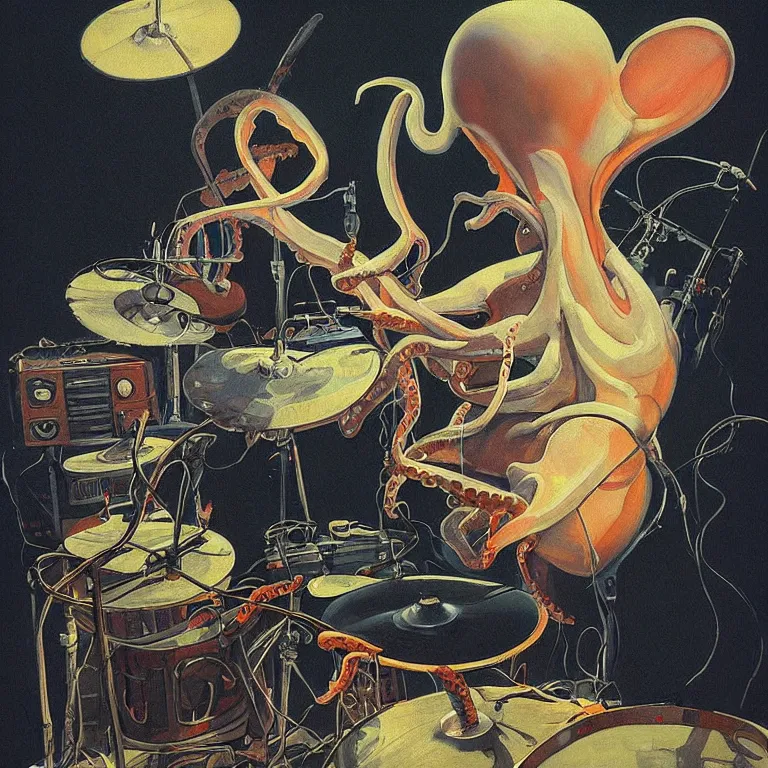 Image similar to a beautiful painting by etam cru of an octopus playing drums and telecaster guitar in an electronic concert, dark background, concert light, dark mood, warm lights