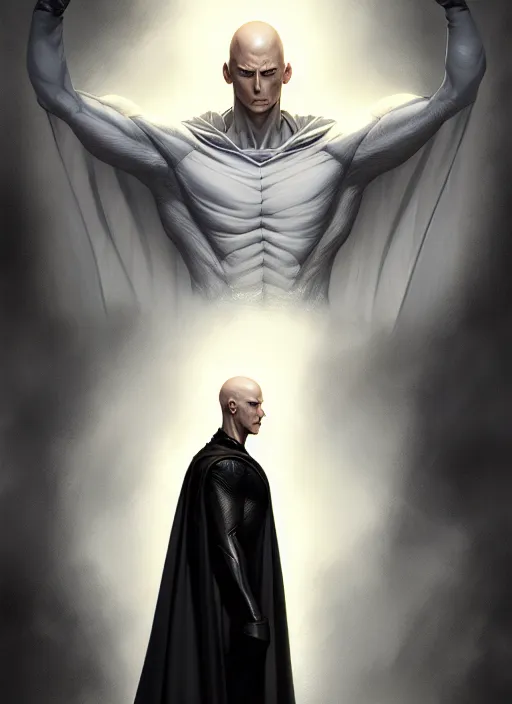 Prompt: ultra realistic illustration, handsome saitama. black cape, intricate, elegant, highly detailed, digital painting, artstation, concept art, smooth, sharp focus, illustration, art by artgerm and greg rutkowski and alphonse mucha and wlop