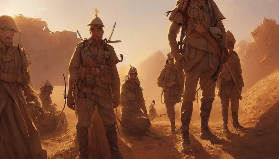 Prompt: beautiful digital painting of a group of barley surviving soldiers in a trench waiting for the war to end, in the sahara desert. cinematic lighting, atmospheric, concept art by artgerm and greg rutkowski,,