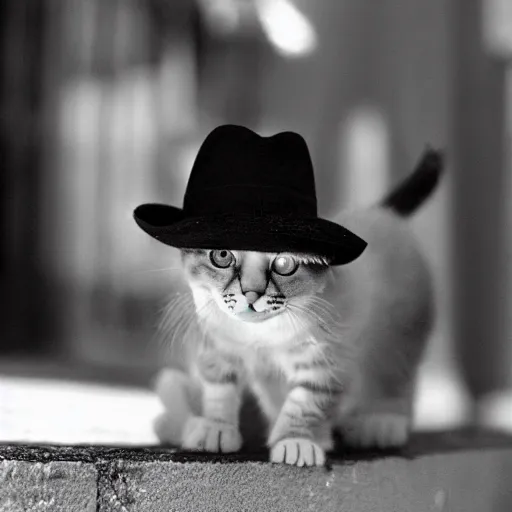 Prompt: a photograph of a kitten waring a hat in an alley