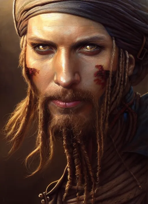 Image similar to closeup portrait shot of a pirate in a scenic dystopian environment, intricate, elegant, highly detailed, centered, digital painting, artstation, concept art, smooth, sharp focus, illustration, artgerm, tomasz alen kopera, peter mohrbacher, donato giancola, joseph christian leyendecker, wlop, boris vallejo