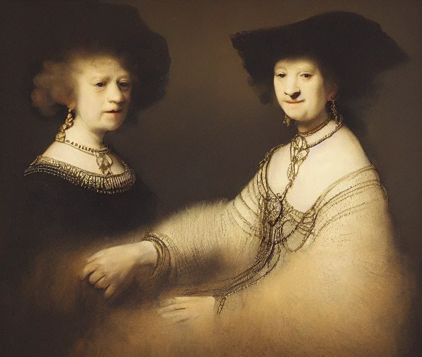 Prompt: Elegant and beautiful lady portrait. By Rembrandt painting (1667), fractal flame, highly detailded