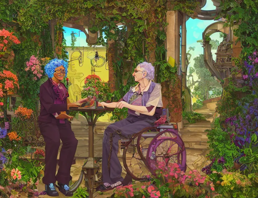 Prompt: elderly lesbian multiracial couple in steampunk vaporwave courtyard garden. complementary colors, gouache, indie concept art, bloom, chiaroscuro, backlighting, intricate details.