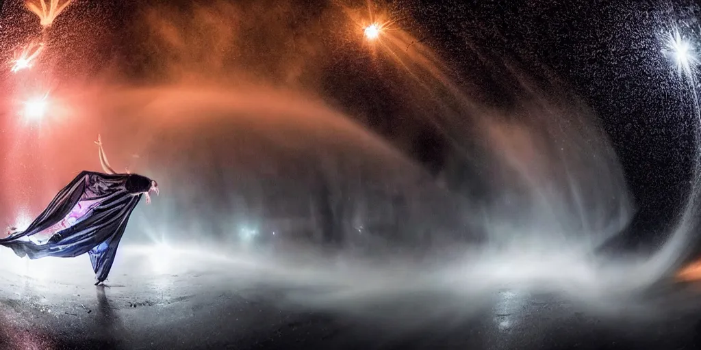 Image similar to fisheye lens slow motion with trail effect of futuristic break dancer wearing floating long dress, long exposure shot , at night in the middle of a rainy street, paddle of water, steam, fog, water splashes, rim lights, glossy reflections, water droplets on lens, octane render, dark and dramatic, explosion in the background, detailed and soft, fisheye lens, smooth, sharp focus, by filip hodas