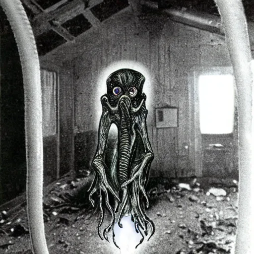 Image similar to 1 9 8 3, found footage, flash, old abandoned house, creepy mutant flesh creature, tentacles, glowing eyes, flesh blob