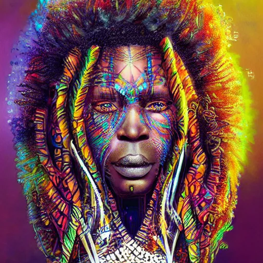 Image similar to a a portrait of an afro futuristic shaman with patterns by android jones