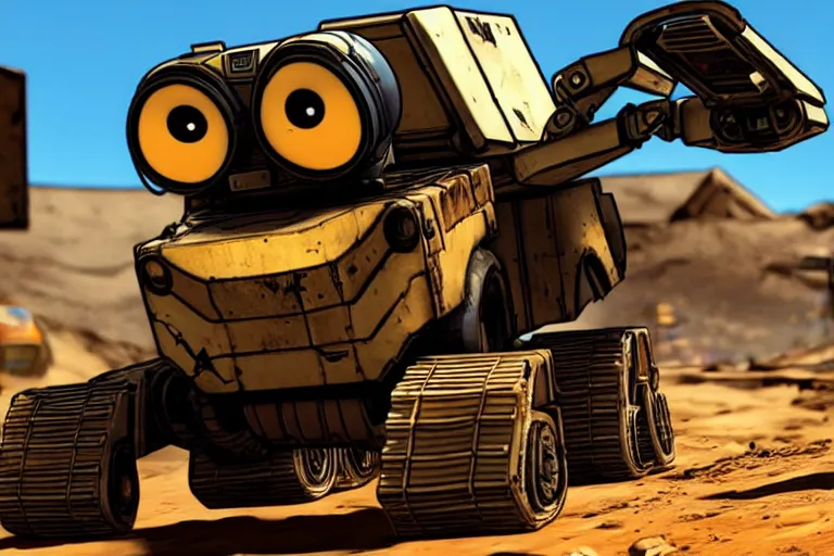 Image similar to wall - e in borderlands style game, heavy detailed, ultra high definition quality, borderlands game engine graphics