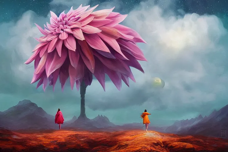 Image similar to giant dahlia flower as a head, girl walking on mountain, surreal photography, stars, dramatic light, impressionist painting, storm clouds, digital painting, artstation, simon stalenhag