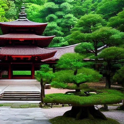 Prompt: a beautiful Zen Buddhist Forest Temple by Tomomi Abe