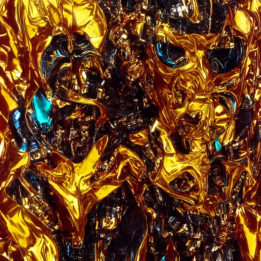 Image similar to a cyborg with gold horns, made out of colourful liquid amber