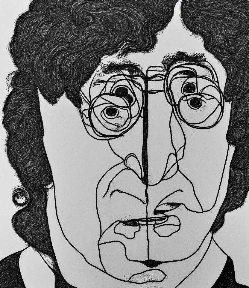 Prompt: detailed line art portrait of john lennon, inspired by egon schiele. caricatural, minimalist, bold contour lines, musicality, soft twirls curls and curves, confident personality, raw emotion