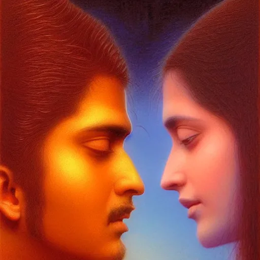 Prompt: perfectly - centered movie promotional poster - photograph of a young indian guy and a beautiful girl side profile faces symmetrical ; real life portrait by beksinski and jean delville, romantic theme, two lovers sharing one heart, unreal engine 5, photorealism, hd quality, 8 k resolution, cinema 4 d, hdr dramatic lighting ; symmetrical, cinematic, high coherence