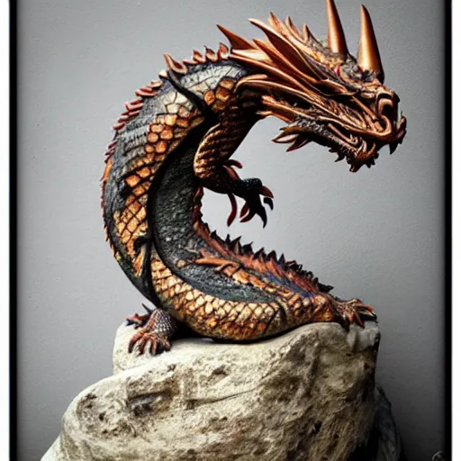 Prompt: “fire breathing dragon, sculpture in the round, stone”