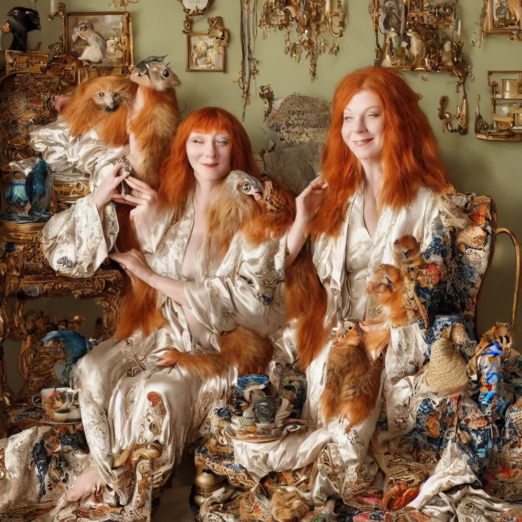 Image similar to a stunning hyper-detailed photorealistic painting of only one slender beautiful smiling woman with long ginger hair and bangs, wearing a luxurious silk robe, wearing headphones and posing with her large ginger tabby cat and her raccoon and parrots in an overstuffed easy chair in her sunlit victorian living room, holding a porcelain parrot-shaped coffee mug and a donut, perfect eyes, fashion photography, cinematic lighting, octane render, IBEX Masters, unreal engine, 85 mm lens,