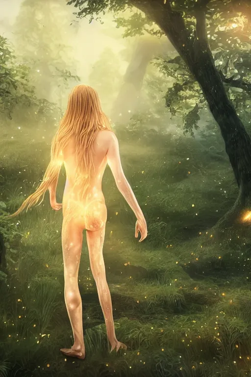 Image similar to pretty young man with long golden blond hair, hair made of gold, demure, slender, back view, lost, trees, detailed forest background, webtoon, breathtaking scenery, colourful, 8 k, graphic novel, digital art trending on artstation, volumetric lighting, octane render, cinematic, hyper detailed, magical atmosphere, magical forest