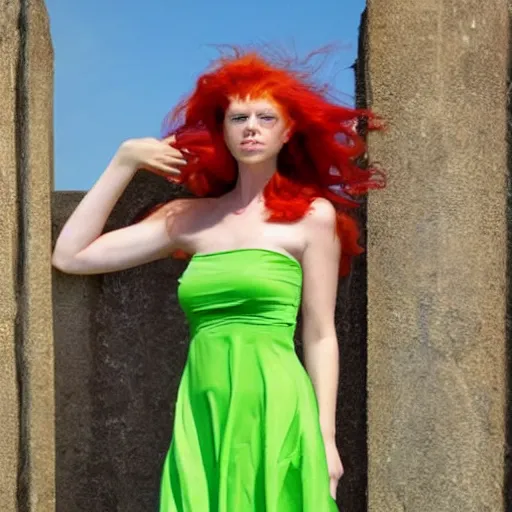 Image similar to beautiful green eyed goddess with red hair and fair skin wearing a thin green strapless sundress blowing in the wind on a sunny day