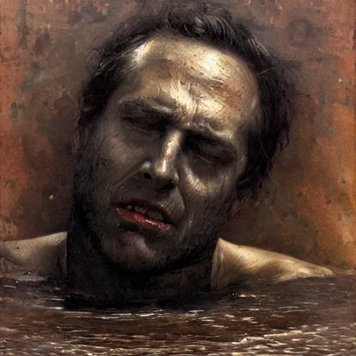 Prompt: man stuck in liquid black asphalt, struggling to get out, painful facial expression, digital painting by Gaston Bussiere, photorealistic