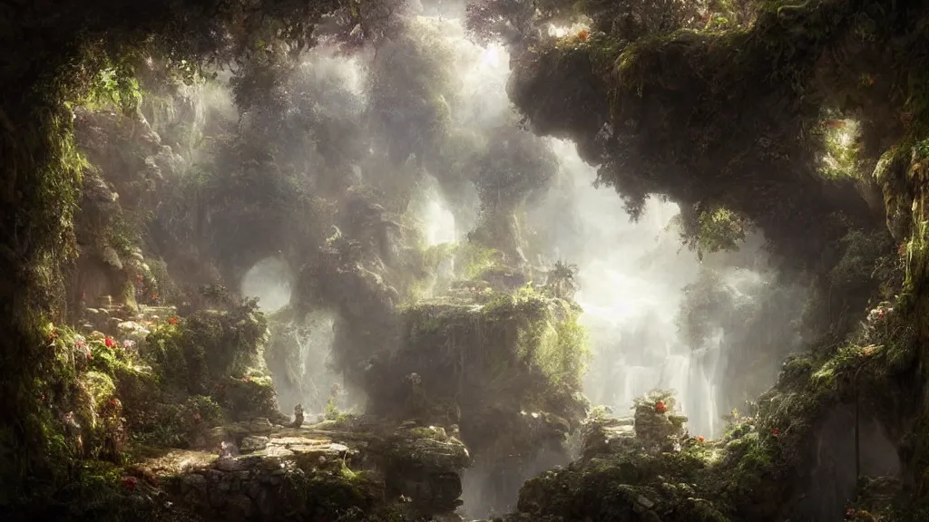 Image similar to hidden in the stone cavern is a secret garden. andreas achenbach, artgerm, mikko lagerstedt, zack snyder, tokujin yoshioka