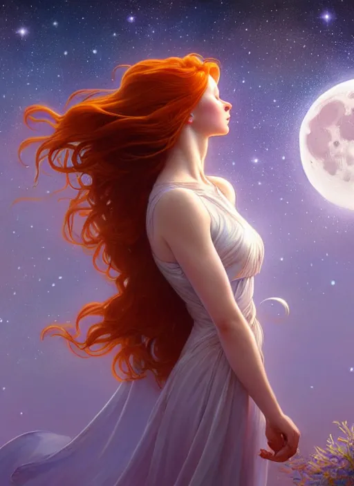 Image similar to beautiful redhead girl surrounded by starlight, eyes closed, moon behind her, holding a fairy in her hand, shiny, fantasy, int ricate, elegant, hyper detailed, ultra definition, photoreal, artstation, unreal engine rendered, concept art, smooth, sharp focus, illustration, art by artgerm and greg rutkowski and alphonse mucha and garis edelweiss
