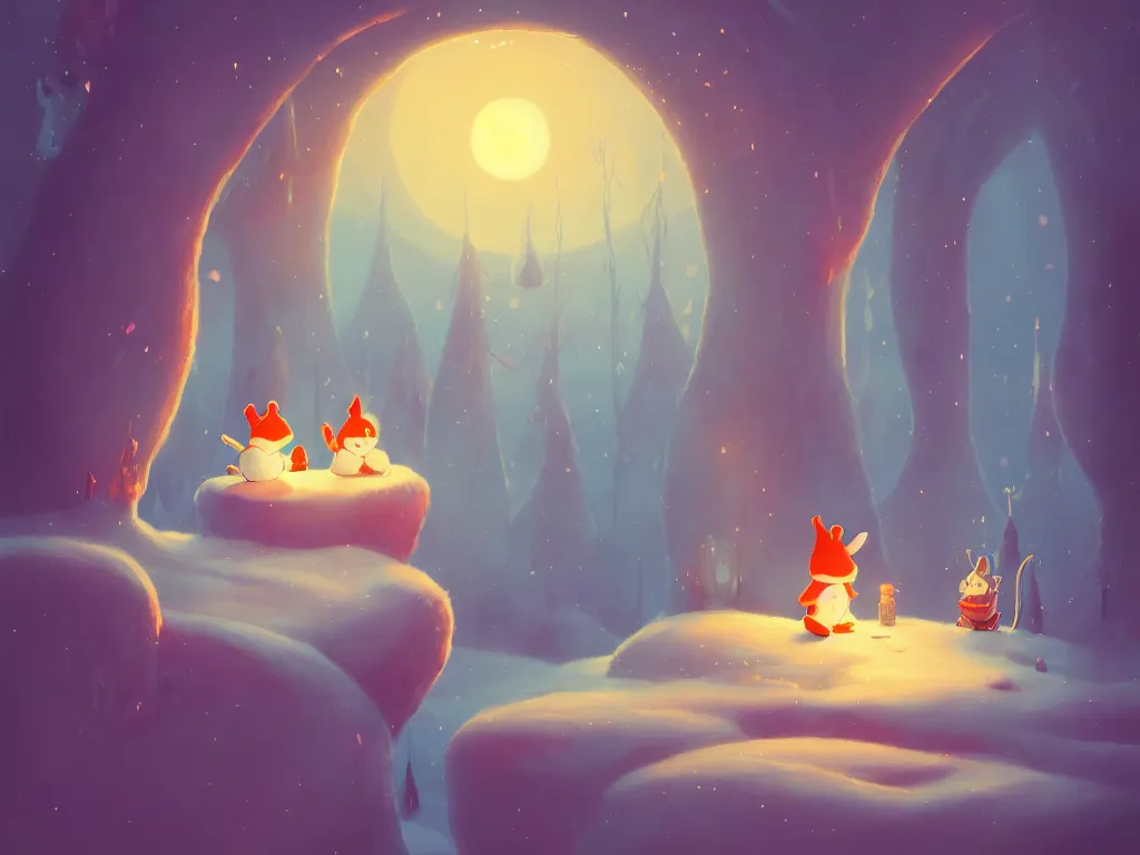 Image similar to moomins in a magic space wonderland, looking cute, illustration, warm colors, fluffy, cozy, hyperrealistic, low light, volumetric light, smooth, trending on artstation