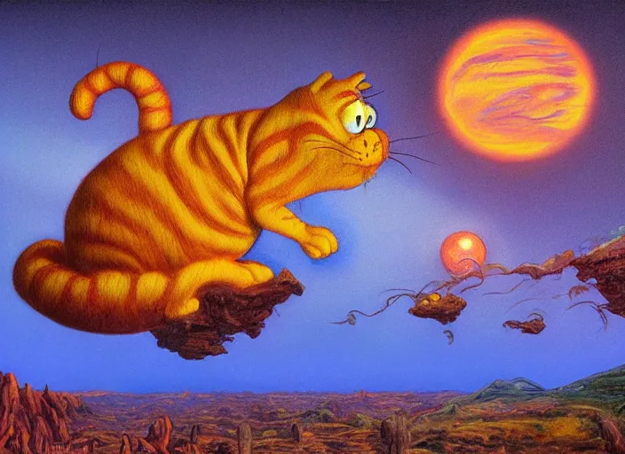 Image similar to surrealist impressionist painting of garfield at dusk, in the style of michael whelan and james gurney and wayne barlowe