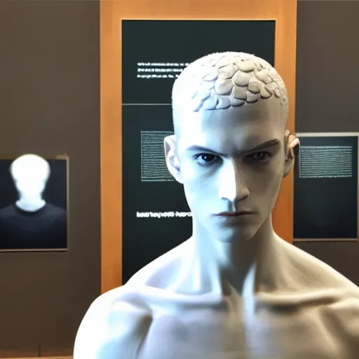 Prompt: a realistic detailed photo of a guy who is an attractive humanoid who is half robot and half humanoid, who is a male android, twitch streamer ninja tyler blevin, shiny skin, posing like a statue, blank stare, at the museum, on display