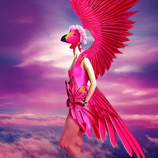 Image similar to goddess wearing a flamingo fashion, photoshop, colossal, creative, giant, digital art, photo manipulation, clouds, sky view from the airplane window