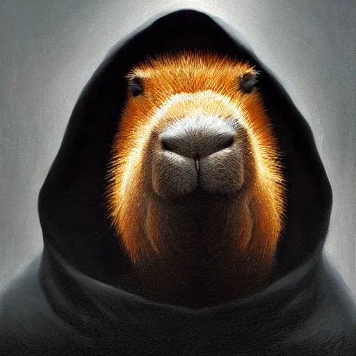 Image similar to a portrait of a capybara wearing a black hood, cloak covering face, anatomically correct, beautiful perfect face, enigmatic, oil painting, matte, black background, volumetric dynamic lighting, highly detailed, cinematic lighting, unreal engine, 8 k, hd, by beksinski