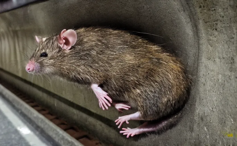 Prompt: very large giant mutant antropomorphic rat in tonnel of moscow subway. extreme high detail. fear, darkness, photo by russos